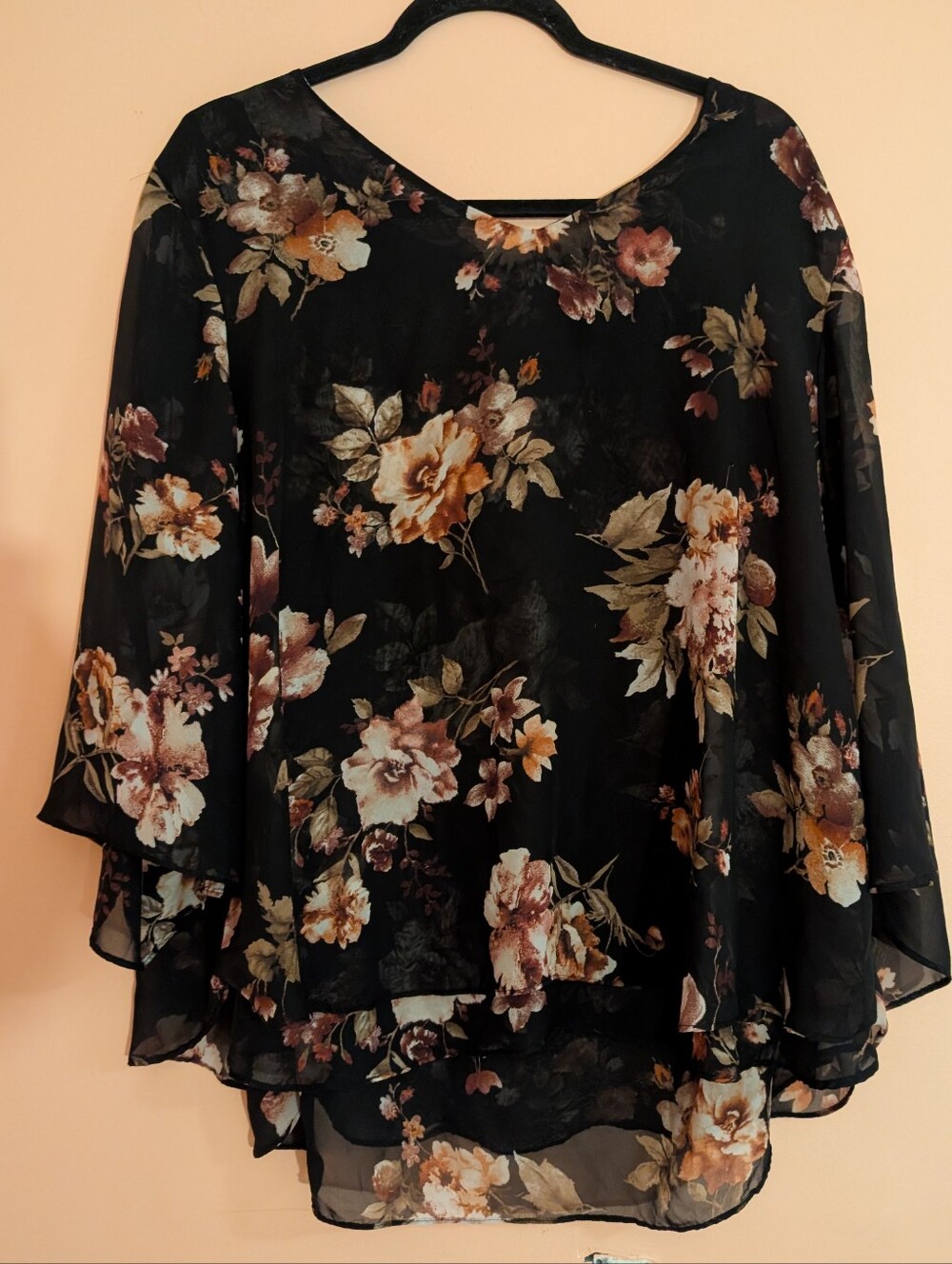 Roz & Ali Black Chiffon Floral Layered Tunic